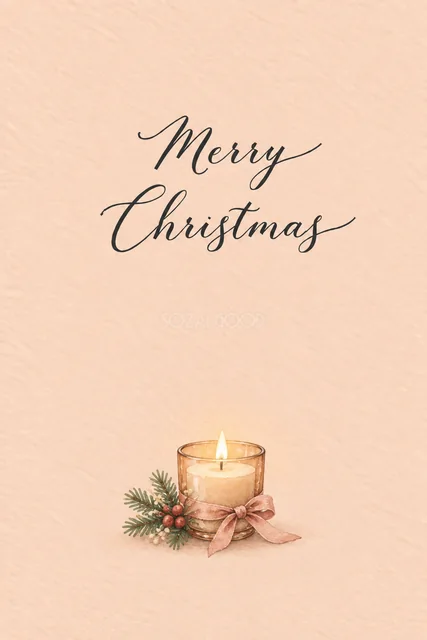 ピーチ背景に琥珀色のガラスのキャンドルを描いた水彩クリスマスカード