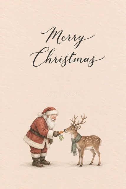 ピーチ背景におやつをあげるサンタとトナカイを描いた水彩クリスマスカード