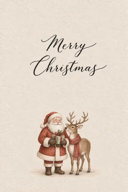 アイボリー背景に贈り物を届けるサンタとトナカイを描いた水彩クリスマスカード