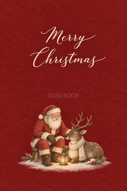 ボルドー背景に灯りを囲むサンタとトナカイを描いた水彩クリスマスカード