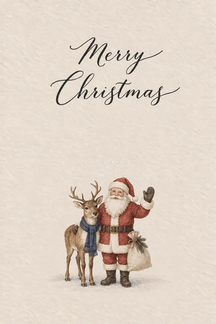 グレージュ背景に手を振るサンタとトナカイを描いた水彩クリスマスカード