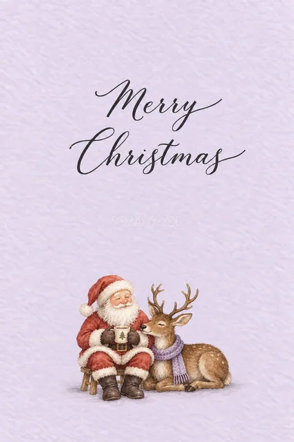 ラベンダー背景に休憩するサンタとトナカイを描いた水彩クリスマスカード