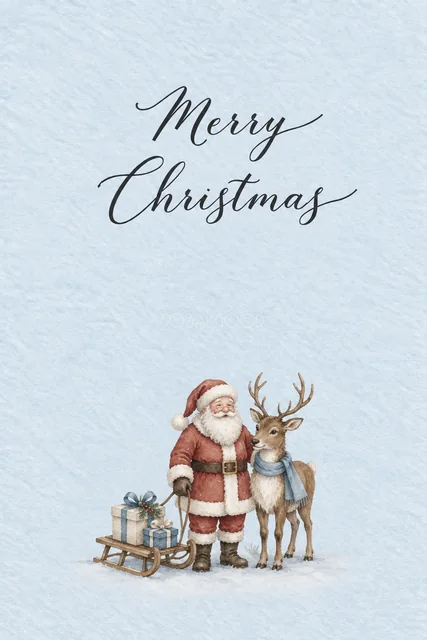 パウダーブルー背景に小さなそりとサンタとトナカイを描いた水彩クリスマスカード