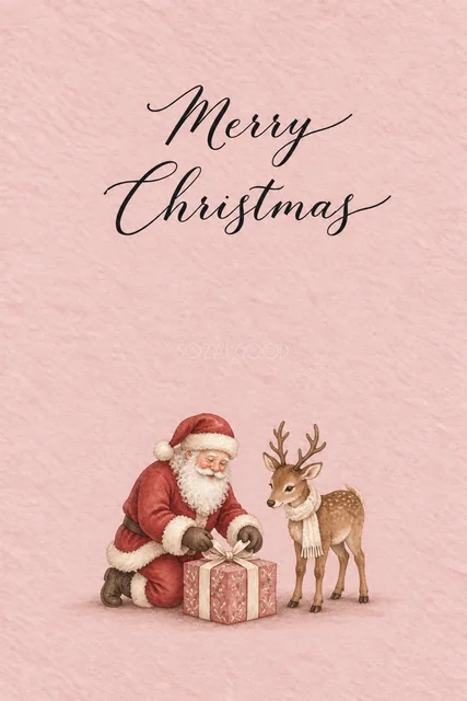 ダスティローズ背景にリボンを結ぶサンタを描いた水彩クリスマスカード