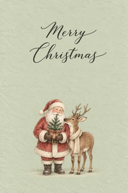 セージグリーン背景に小さなツリーとサンタとトナカイを描いた水彩クリスマスカード