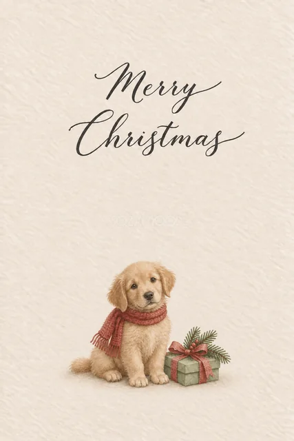 アイボリー背景に子犬と赤いリボンの贈り物を描いた水彩クリスマスカード
