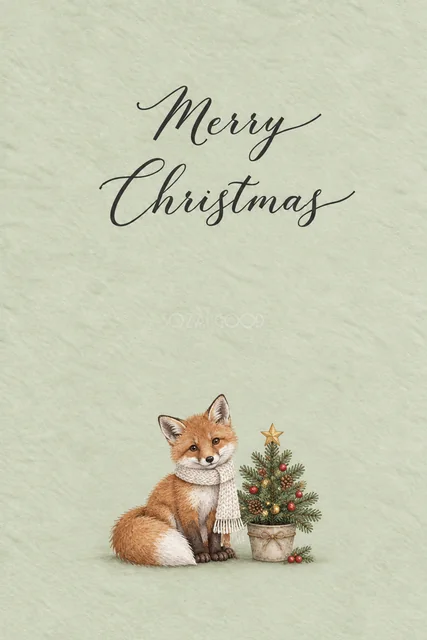 セージグリーン背景にキツネと小さなツリーを描いた水彩クリスマスカード