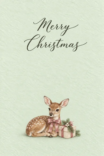 ミント背景に子鹿とピンクのリボンを描いた水彩クリスマスカード