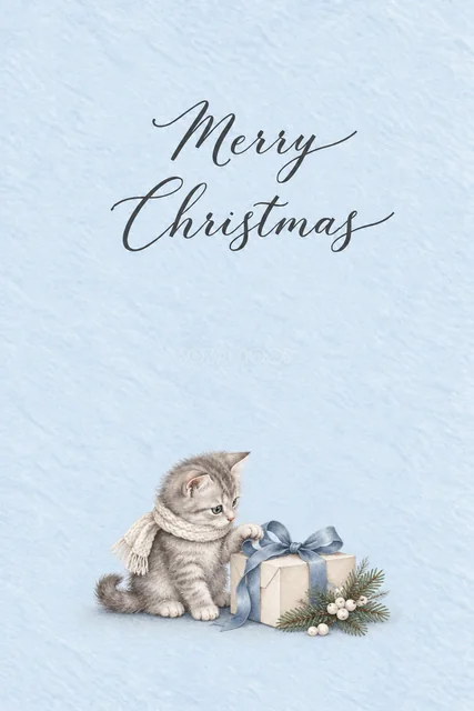パウダーブルー背景に子猫と青いリボンの贈り物を描いた水彩クリスマスカード