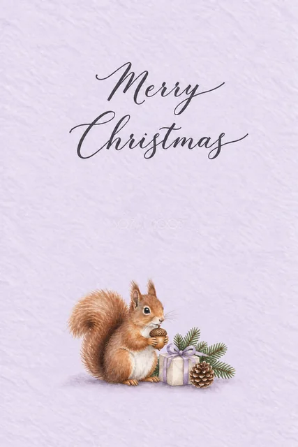ラベンダー背景にリスと木の実の贈り物を描いた水彩クリスマスカード