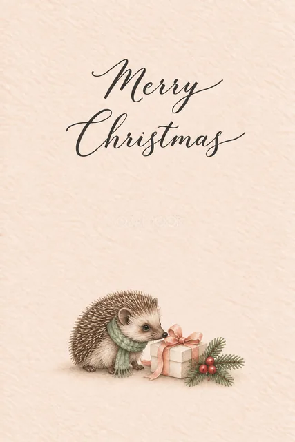 ピーチ背景にハリネズミと小さな贈り物を描いた水彩クリスマスカード