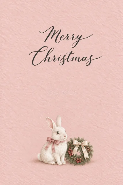 ダスティローズ背景に白うさぎと小さなリースを描いた水彩クリスマスカード