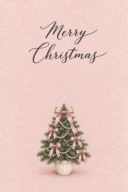 ダスティローズ背景にピンクのリボンとパールのツリーを描いた水彩クリスマスカード