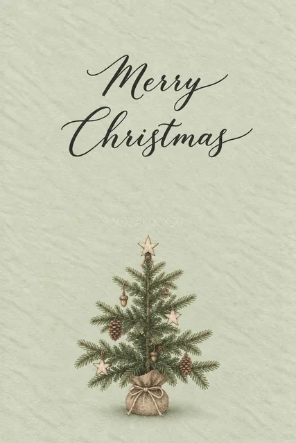 セージグリーン背景に木の実と麻布のナチュラルツリーを描いた水彩クリスマスカード