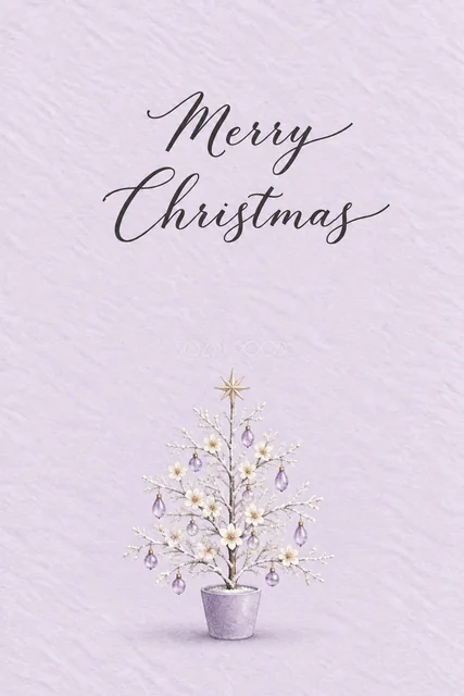 ラベンダー背景に白い花と紫の飾りのツリーを描いた水彩クリスマスカード