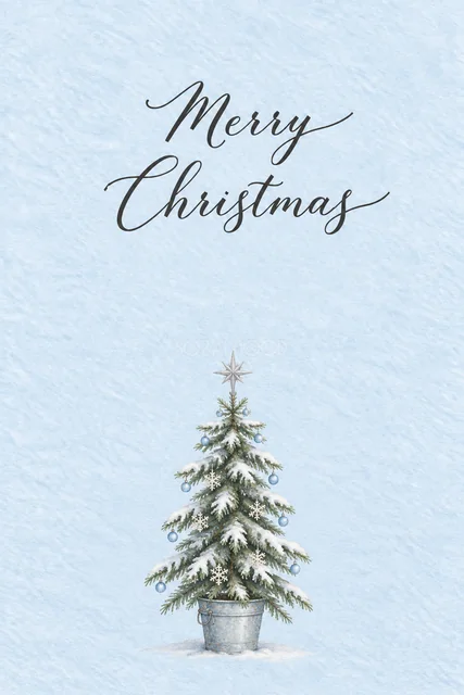 パウダーブルー背景に雪と青い飾りのスリムツリーを描いた水彩クリスマスカード