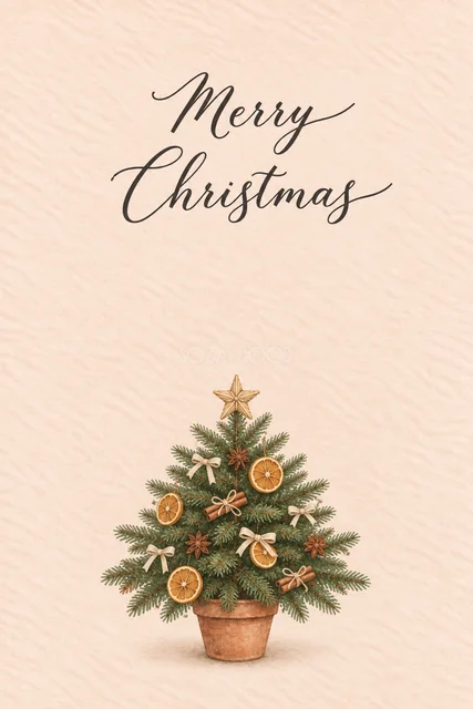 ピーチ背景にオレンジとシナモンのツリーを描いた水彩クリスマスカード
