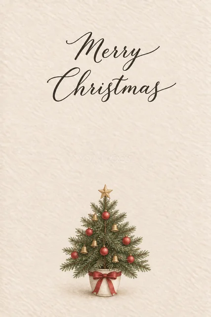 アイボリー背景に赤いオーナメントのクラシカルツリーを描いた水彩クリスマスカード