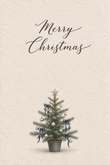 グレージュ背景に銀の飾りと紺のリボンのツリーを描いた水彩クリスマスカード