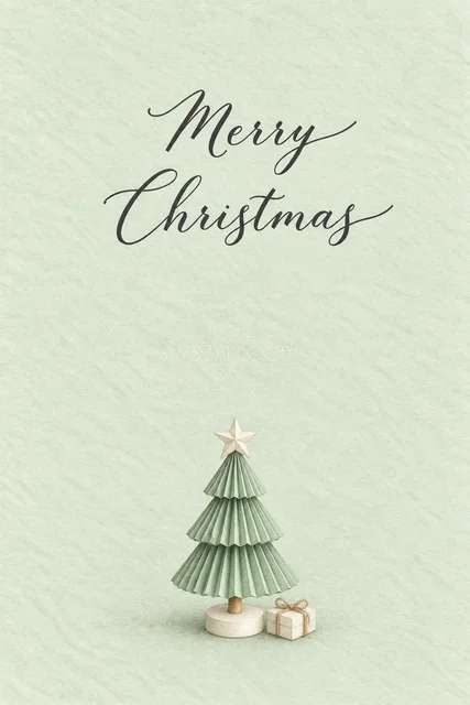 ミント背景に折り紙のプリーツツリーを描いた水彩クリスマスカード