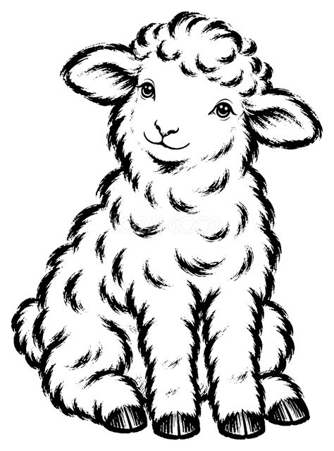 お座りする羊｜かわいい白黒・筆書き風イラスト｜2027年・未年に