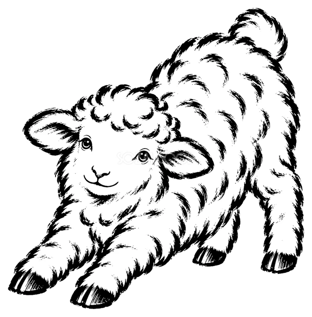 伸びをする羊｜かわいい白黒・筆書き風イラスト｜2027年・未年に