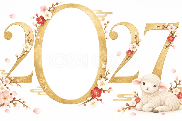 2027の0に写真が入るフレーム｜2027未年のかわいい和風年賀状イラスト