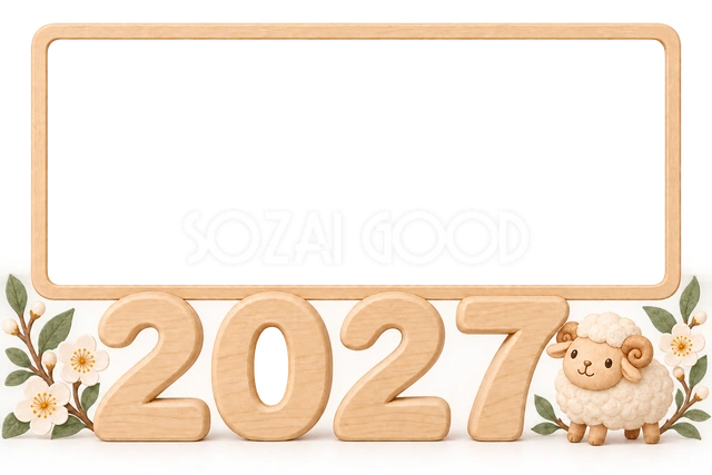 木製オブジェ風2027フレーム｜2027未年の年賀状イラスト
