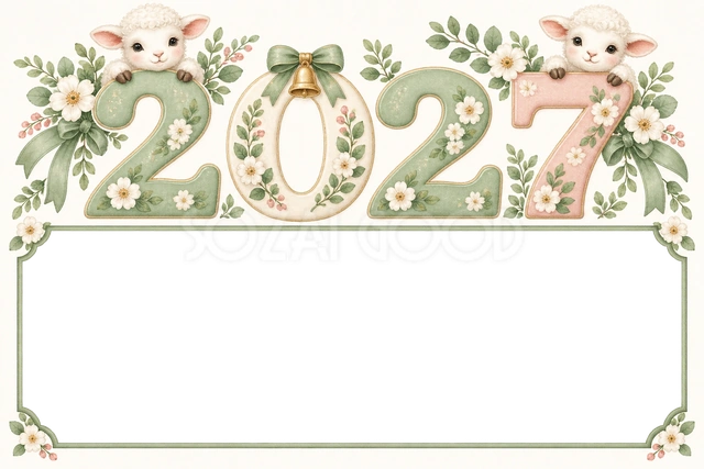2027の数字から羊がのぞくフレーム｜2027未年の年賀状イラスト