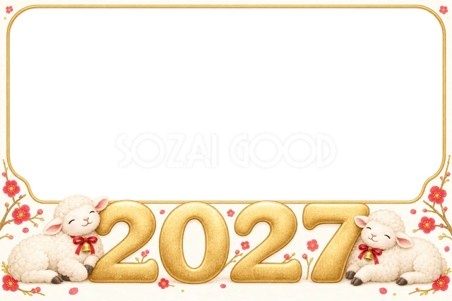 子羊が数字に寄り添う2027フレーム｜2027未年の年賀状イラスト