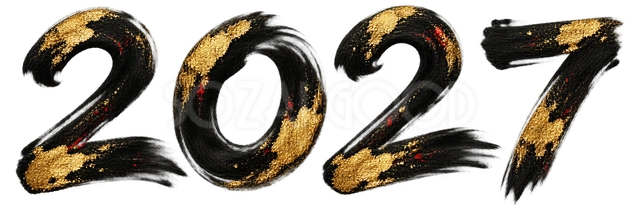 墨の筆致と金箔の2027｜未年の年賀状に使える文字・ロゴイラスト