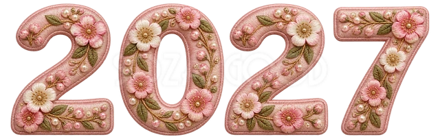 桃色の立体刺繍と花の2027｜未年の年賀状に使える文字・ロゴイラスト
