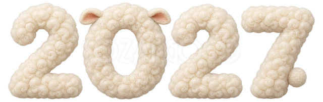 羊の耳を添えたもこもこ羊毛の2027｜未年の年賀状に使える文字・ロゴイラスト
