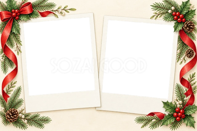 白い写真カード2枚のクリスマスフレーム｜無料イラスト素材