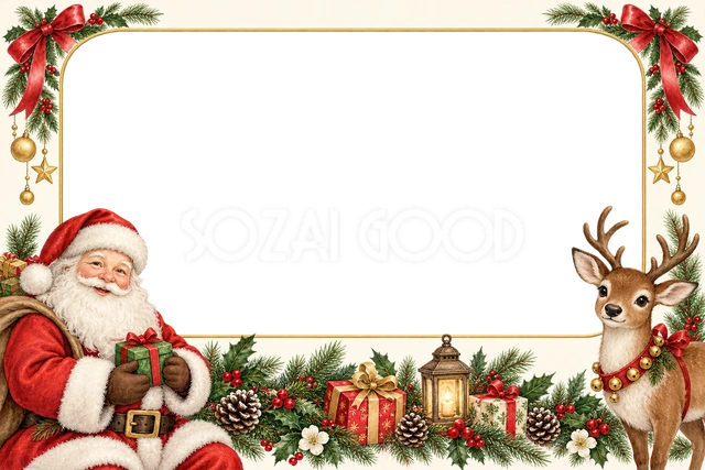 サンタとトナカイの写真フレーム｜クリスマスの無料イラスト素材