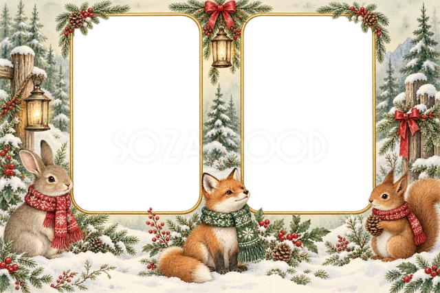 森の動物と写真2枚のフレーム｜クリスマスの無料イラスト素材