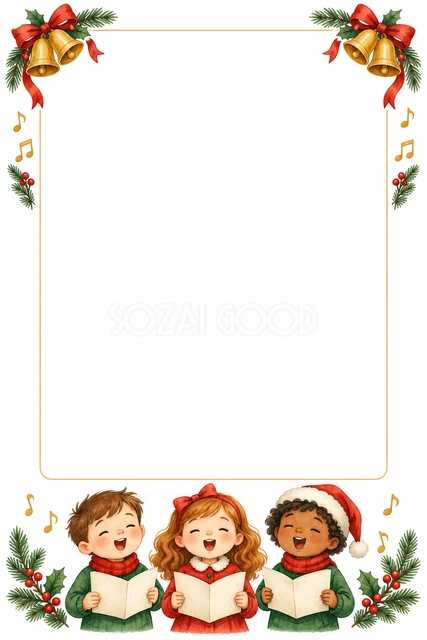 音楽会とベルのフレーム｜クリスマスの無料イラスト素材