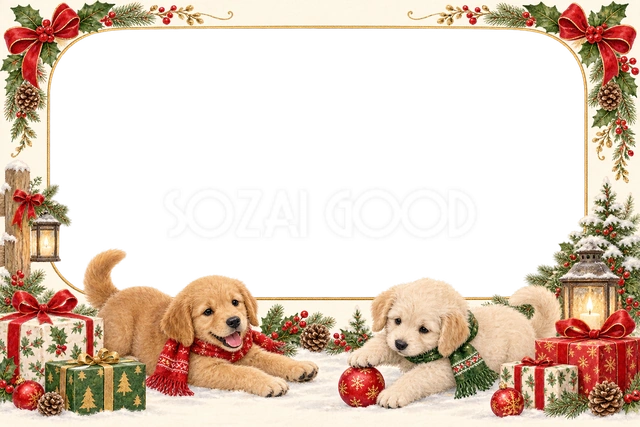 子犬とプレゼントのフレーム｜クリスマスの無料イラスト素材