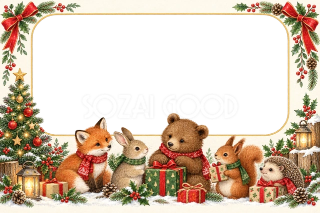 森の動物たちのクリスマスフレーム｜無料イラスト素材