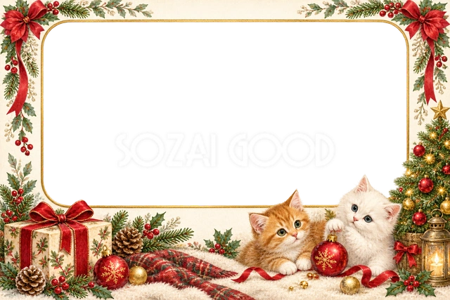 子猫とクリスマスツリーのフレーム｜無料イラスト素材