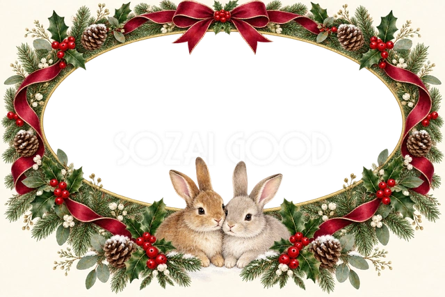 うさぎとリースのフレーム｜クリスマスの無料イラスト素材