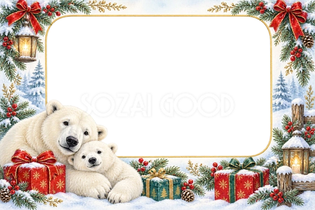 シロクマとプレゼントのフレーム｜クリスマスの無料イラスト素材