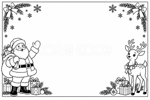 線画のサンタとトナカイフレーム｜クリスマスの無料イラスト素材