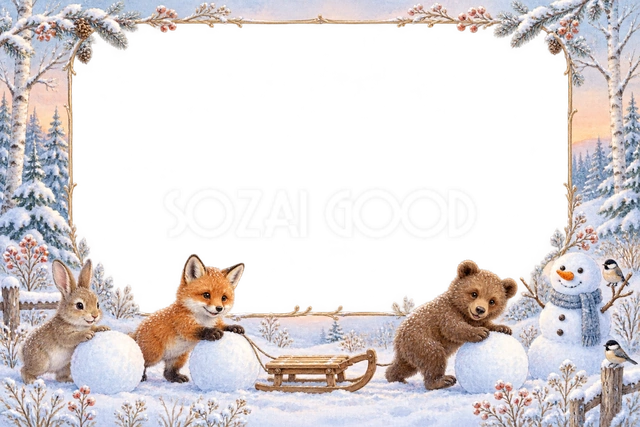 雪遊びをする動物たちのフレーム｜冬の無料イラスト素材