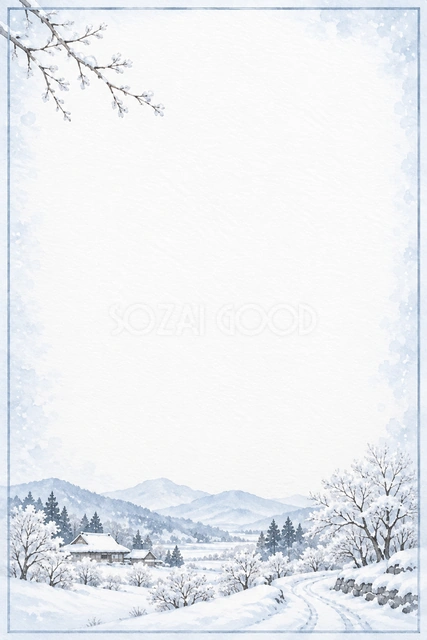 雪景色の寒中見舞いフレーム｜冬の無料イラスト素材