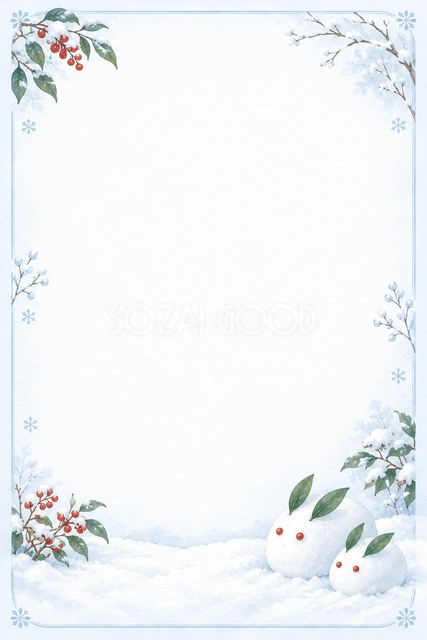 雪うさぎの寒中見舞いフレーム｜冬の無料イラスト素材