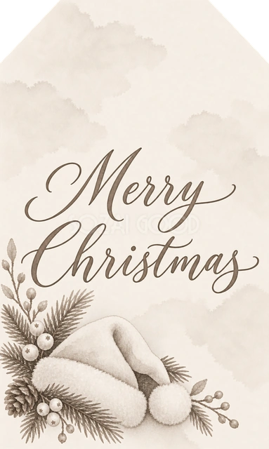 サンタ帽子とモミの枝の生成りクリスマスギフトタグ｜クリスマス会の配り物や子ども向けのプレゼントに