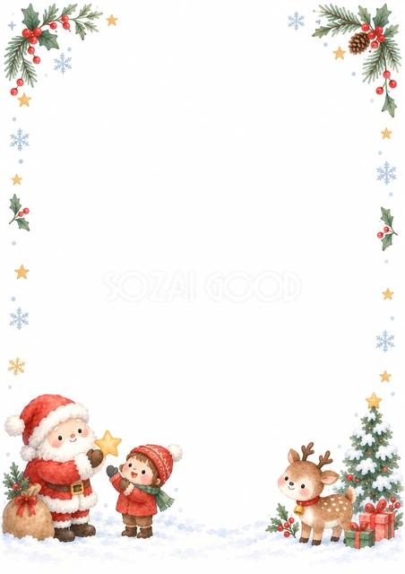 頑張った子どもとサンタ｜子どもに星を渡すサンタの温かなデザイン。今年頑張ったことや楽しかった思い出を書く手紙、おうちでの振り返りカードに向いています