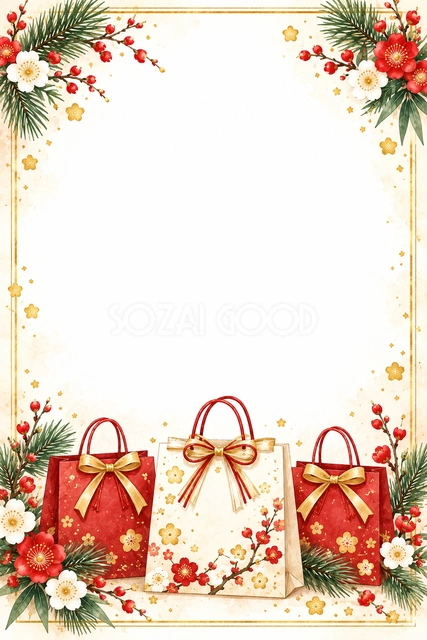 福袋販売｜赤と白の贈り物袋を下部に並べた縦長デザイン。福袋の販売日、価格、内容、予約方法をまとめるお知らせにおすすめです