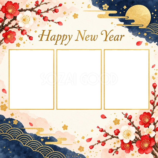 写真3枚の正方形新年カード・写真フレーム｜梅の花と紺・金の和柄で囲んだ正方形の写真フレーム。縦向きの写真窓を3つ横並びに配置し、お子さまの成長や家族それぞれの表情、思い出をまとめて紹介できます。